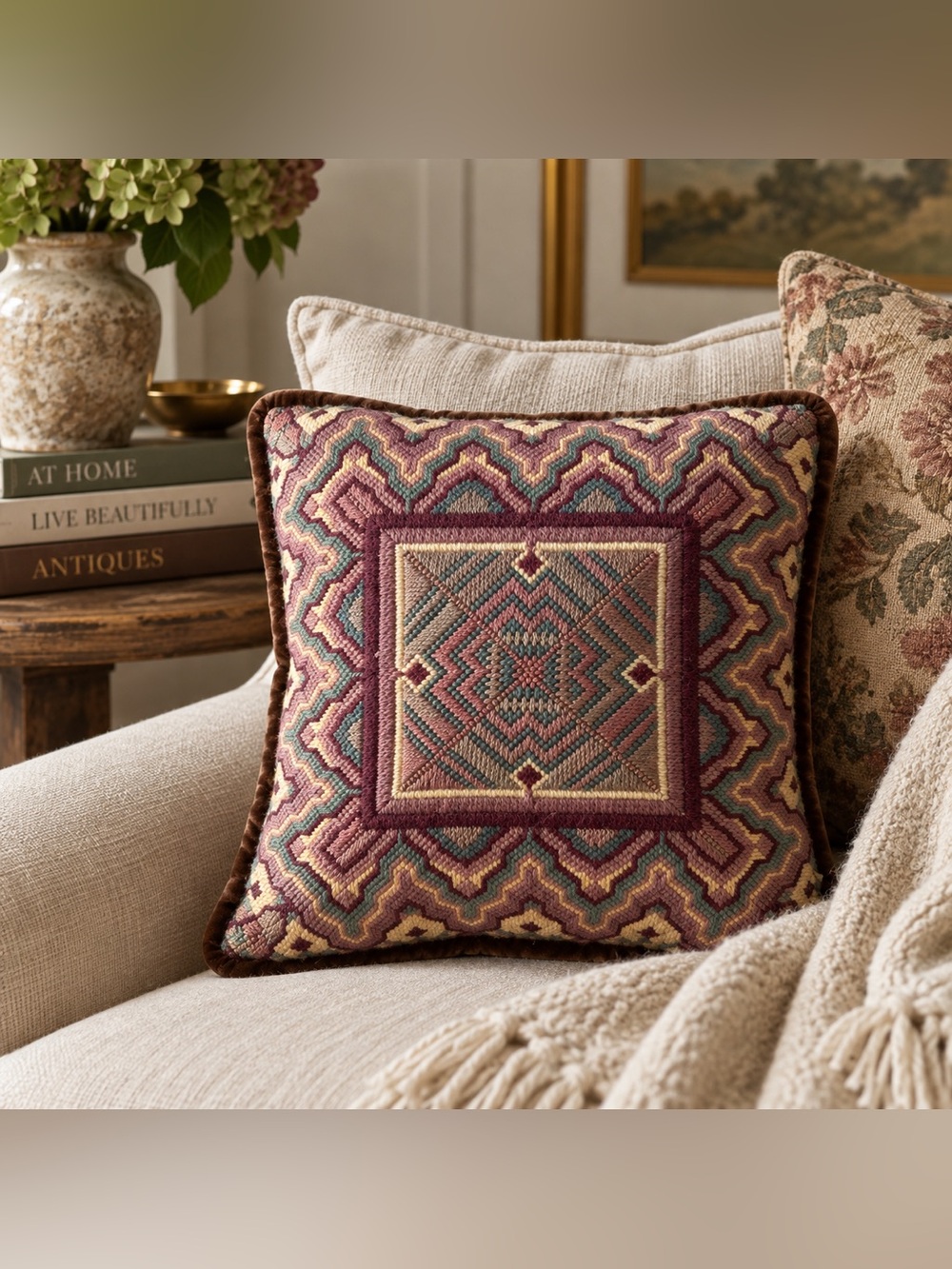 Vintage Needlepoint Geometric Patterned Small Square Accent Pillow